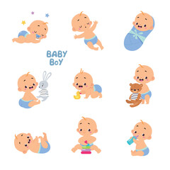 Canvas Print - Cute Little Baby Boy or Infant in Diaper Vector Set