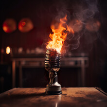 Retro Microphone On Fire On Top Of A Table. Professional Microphone. Old Music Practice Room With Retro Microphone Burning. Realistic 3D Illustration. Generative AI