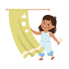 Poster - Little Girl with Scissors Cut Shower Curtains Having Bad Behavior Vector Illustration