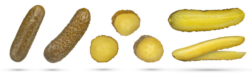 Set of pickles on a white isolated background. Pickled cucumbers of different sizes and cutting methods on a white background. The concept of canning, pickling and harvesting vegetables.