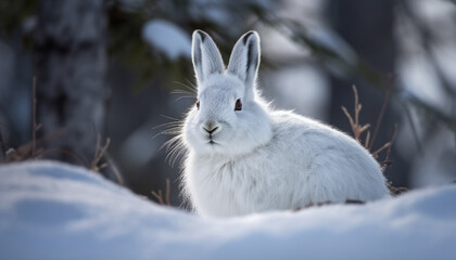 Canvas Print - Fluffy hare sits in snow, ear focused, cute portrait captured generated by AI