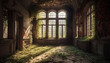 The old window in the abandoned building frames nature beauty generated by AI