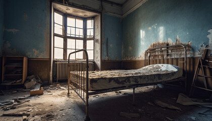 Abandoned bedroom in ruined building, rusty bed and broken window generated by AI