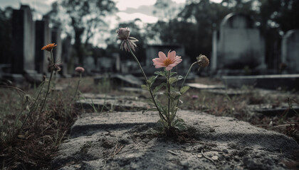 Canvas Print - Abandoned tombstone in rural meadow, symbol of death and grief generated by AI