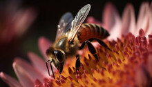 A Busy Honey Bee Pollinates A Yellow Daisy Stamen Generated By AI
