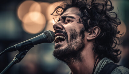 Poster - The young adult pop musician smiles on stage, guitar in hand generated by AI