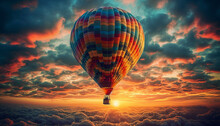 Multi Colored Hot Air Balloon Soars Through Vibrant Sunset Sky Generated By AI