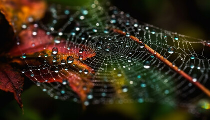 Autumn dew drops on spider web, nature intricate design generated by AI