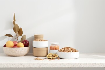 breakfast table with assorted cereals and fresh fruit