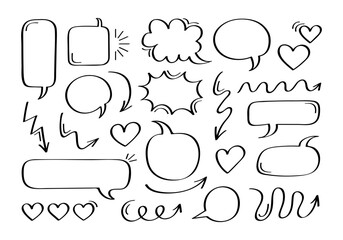 Fototapete - Super set different hand drawn element. Collection of speech bubble or chat bubble with arrows and hearts. Vector graphic design