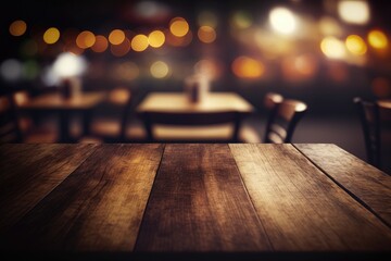 Poster - wooden table with bokeh lights in the background. Generative AI