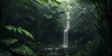 Waterfall In Wild Jungle. Heavy Rain. Dark Tropical Forest With Exotic Plants, Palm Trees, Big Leaves And Ferns. Scary Thicket Of The Rainforest. Stream Of Water, Wet Green Vegetation. Generative AI