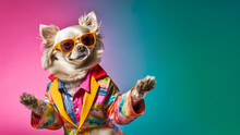 Cool Looking Chihuahua Dog Wearing Funky Fashion Dress - Jacket, Glasses. Wide Banner With Space For Text Right Side. Stylish Animal Posing As Supermodel. Generative AI