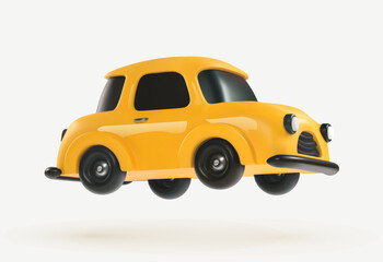 3d cartoon toy car yellow color vector design element on the light background. Kids vehicle. Baby transport mode