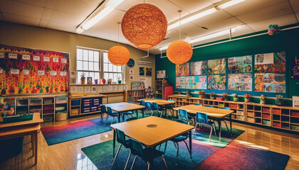 Modern classroom design with bright colors and multi colored bookshelf generated by AI