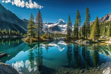 Poster - serene mountain lake surrounded by lush trees and rocky terrain. Generative AI