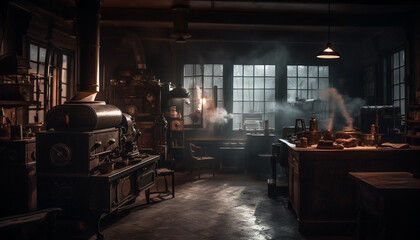 Fototapete - Inside the old factory workshop, men work with metal equipment generated by AI