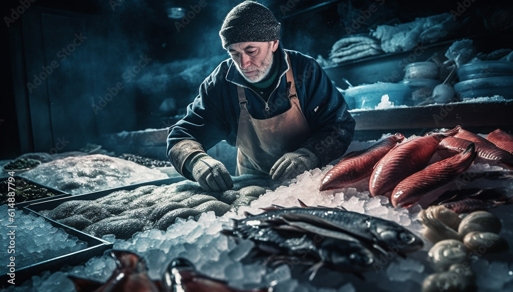 One Caucasian man, owner of fish market, selling fresh seafood ...