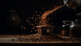 Fototapeta  - Freshly ground gourmet coffee beans, a dark addiction for refreshment generated by AI