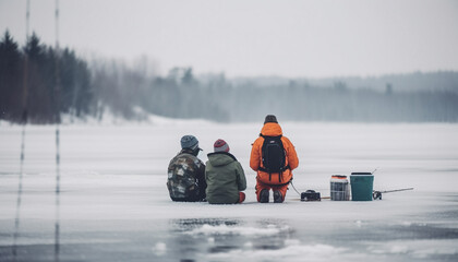 Wall Mural - Two men ice fishing in cold winter weather, enjoying leisure activity generated by AI