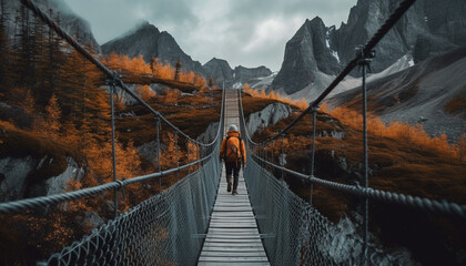 Wall Mural - One person hiking to mountain peak, backpacking in Dolomites generated by AI