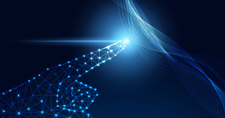 Fototapete - Abstract hand wireframe pointing wires concept technology business success or modern technology discovery or use ai on blue background futuristic