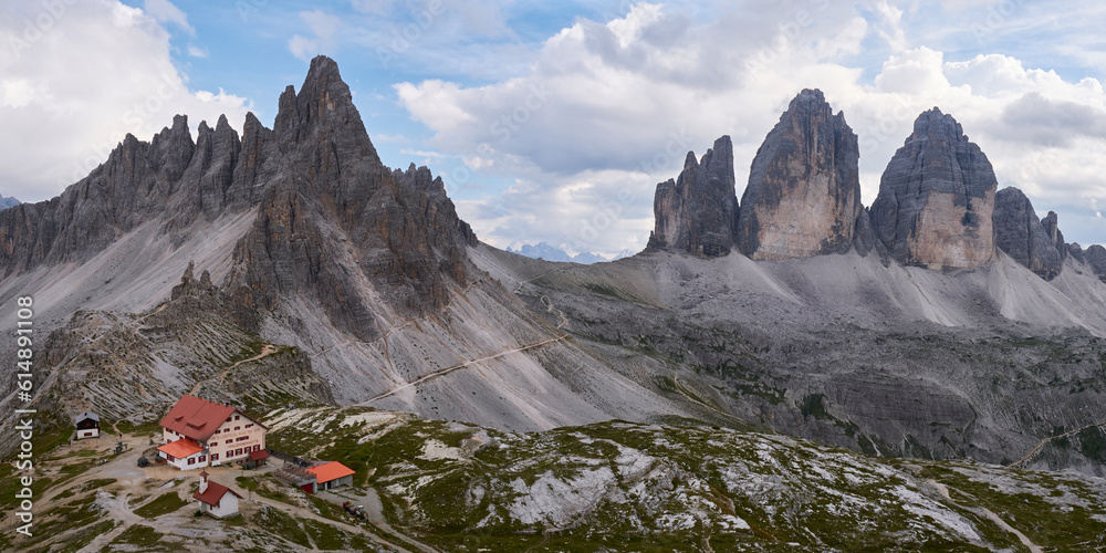 Panorama Tre Cime Di Lavaredo Forcella Lavaredo And Mountain Hut panorama-tre-cime-di-lavaredo-forcella-lavaredo-and-mountain-hut