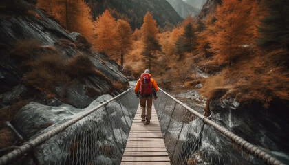 Canvas Print - One person hiking through the forest, enjoying the autumn landscape generated by AI