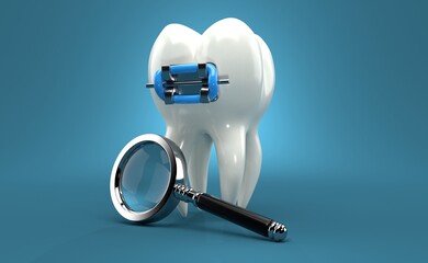 Poster - Tooth with brace and magnifying glass