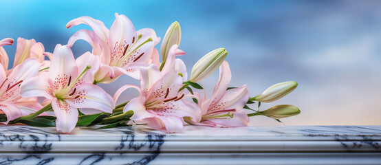 Beautiful white flowers, lilies , over marble background. Bouquet of flowers at cemetery , funeral concept.