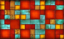 Rusty Metal Squares Grid Pattern In Mixed Brown, Gold And Turquoise Shades