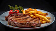 A beautiful veal entrecote on a white plate accompanied by french fries and fried peppers. Copy space. Generative IA. 2