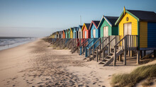 A Beach Section With A Row Of Colorful Beach Huts Along The Coastline