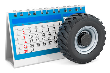 Fototapete - Truck Wheel with desk calendar. 3D rendering