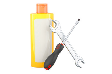 Canvas Print - Orange plastic cosmetic bottle with screwdriver and wrench. 3D rendering