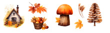 Set With Colorful Autumn Leaves, Cones And Mushrooms Isolated On White. Village House And Harvest With Autumn Themed Elements. Generative AI