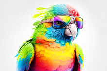 Cartoon Colorful Parrot With Sunglasses On White Background. Created With Generative AI