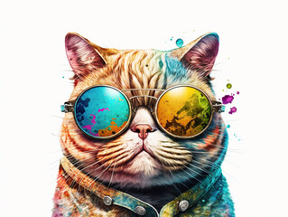 Naklejka na meble Cartoon colorful cat with sunglasses on white background. Created with generative AI