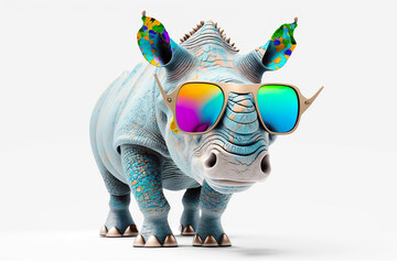 Wall Mural - cartoon colorful rhinoceros with sunglasses on white background. created with generative ai