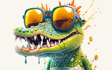 Cartoon Colorful Crocodile, Alligator With Sunglasses On White Background. Created With Generative AI