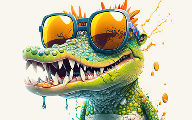 Wall Mural - cartoon colorful crocodile, alligator with sunglasses on white background. created with generative a