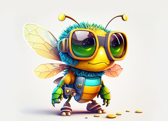 Wall Mural - cartoon colorful bee with sunglasses on white background. created with generative ai