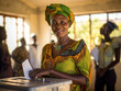 Elections in Zimbabwe. African woman stands near the ballot box. People in the background. The concept of elections in Africa. Generative AI