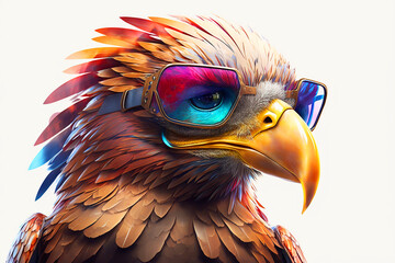 Cartoon colorful eagle with sunglasses on white background. Created with generative AI