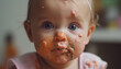 Cute baby girl eating messy chocolate lunch with spoon indoors generated by AI