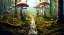 Mushroom Forest. Huge Mushrooms Growing In The Forest, Mysterious Magical Atmosphere; Forest Path Between Mushrooms. Ai Illustration, Fantasy Digital Painting, Generative AI