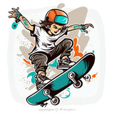 Fototapeta Młodzieżowe - Thrilling Skateboarder in Front of Graffiti: Captivating Artwork