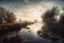 Birds Soar Over A Wetland. Generative AI
