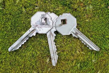 three old gray metal door keys on an iron ring in a bunch lie on green moss outdoors in nature