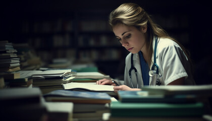 Poster - One young adult woman, an expert in healthcare, reading literature generated by AI